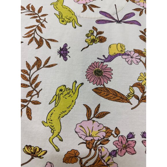 Tory Burch Ivory Rabbit Field Printed Mercerized Polo T Shirt Floral Bunny M - Picture 13 of 15